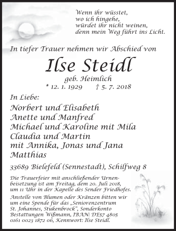 Traueranzeige von Ilse Steidl von Neue Westfälische