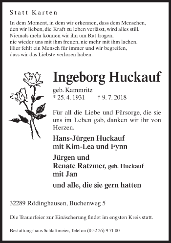 Traueranzeige von Ingeborg Huckauf von Neue Westfälische