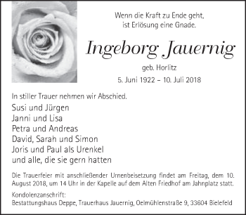 Traueranzeige von Ingeborg jauernig von Neue Westfälische