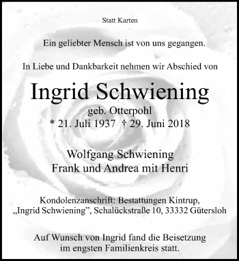 Traueranzeige von Ingrid Schwiening von Neue Westfälische