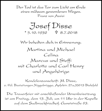 Traueranzeige von Josef Disse von Neue Westfälische