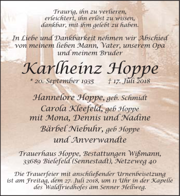 Traueranzeige von Karlheinz Hoppe von Neue Westfälische