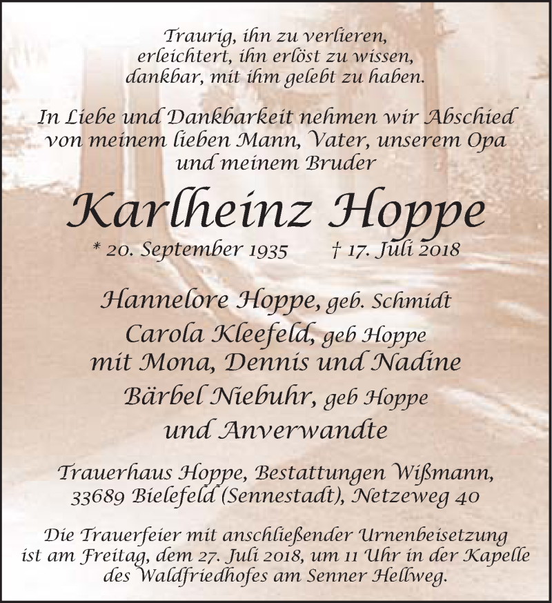  Traueranzeige für Karlheinz Hoppe vom 23.07.2018 aus Neue Westfälische