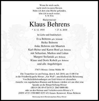 Traueranzeige von Klaus Behrens von Neue Westfälische