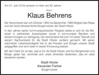 Traueranzeige von Klaus Behrens von Neue Westfälische