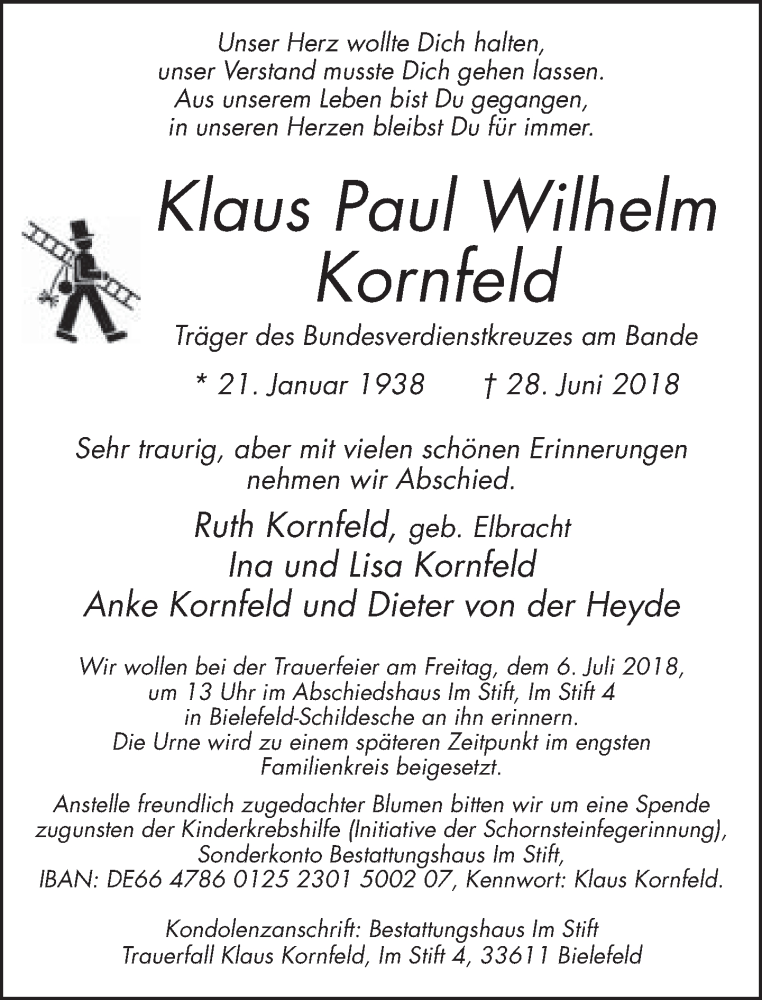  Traueranzeige für Klaus Paul Wilhelm Kornfeld vom 03.07.2018 aus Neue Westfälische