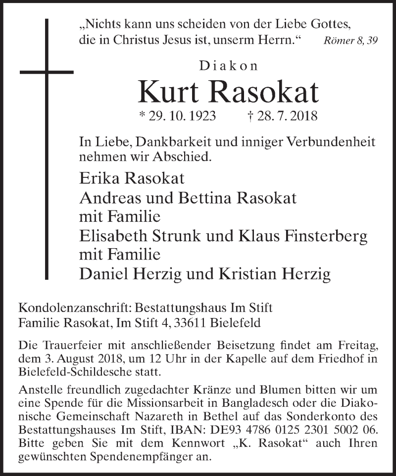  Traueranzeige für Kurt Rasokat vom 31.07.2018 aus Neue Westfälische