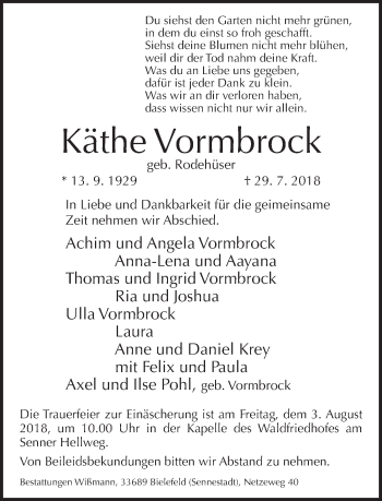 Traueranzeige von Käthe Vormbrock von Neue Westfälische