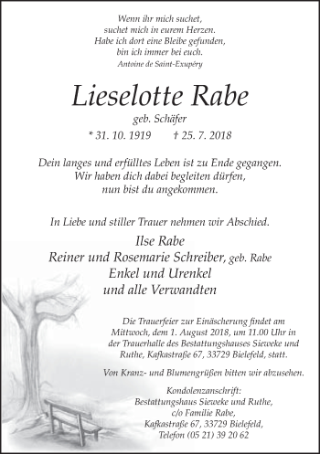 Traueranzeige von Lieselotte Rabe von Neue Westfälische