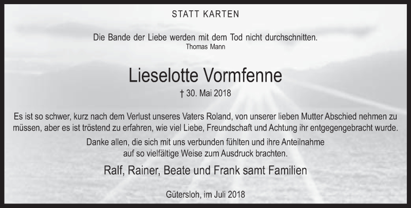  Traueranzeige für Lieselotte Vormfenne vom 21.07.2018 aus Neue Westfälische
