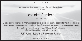 Traueranzeige von Lieselotte Vormfenne von Neue Westfälische
