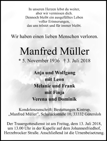 Traueranzeige von Manfred Müller von Neue Westfälische