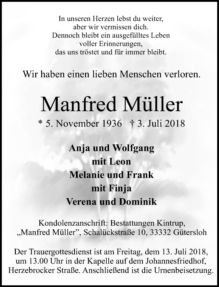  Traueranzeige für Manfred Müller vom 06.07.2018 aus Neue Westfälische