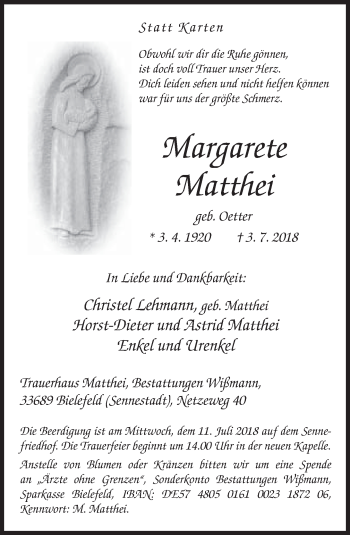 Traueranzeige von Margarete Matthei von Neue Westfälische