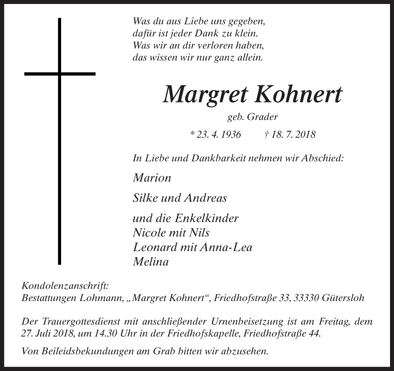  Traueranzeige für Margret Kohnert vom 21.07.2018 aus Neue Westfälische