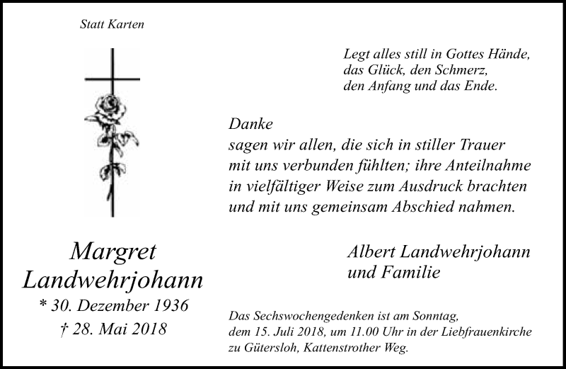  Traueranzeige für Margret Landwehrjohann vom 13.07.2018 aus Neue Westfälische
