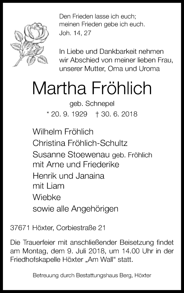  Traueranzeige für Martha Fröhlich vom 04.07.2018 aus Neue Westfälische