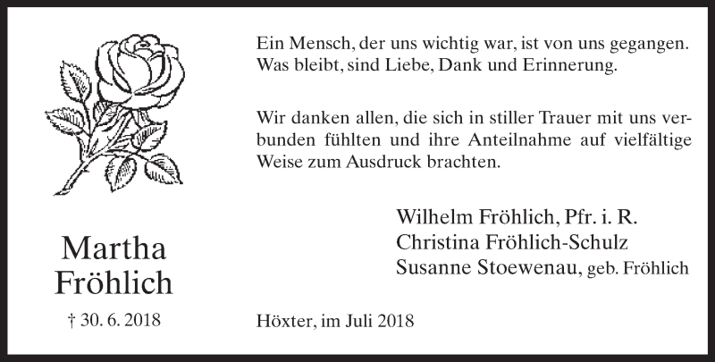  Traueranzeige für Martha Fröhlich vom 14.07.2018 aus Neue Westfälische