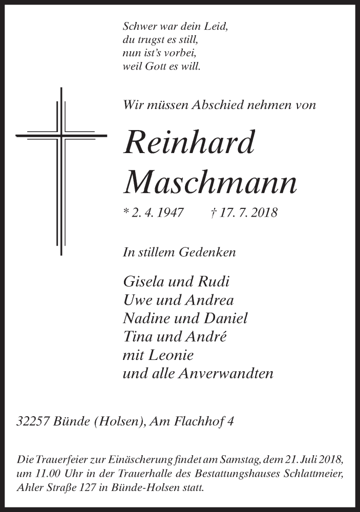  Traueranzeige für Reinhard Maschmann vom 19.07.2018 aus Neue Westfälische