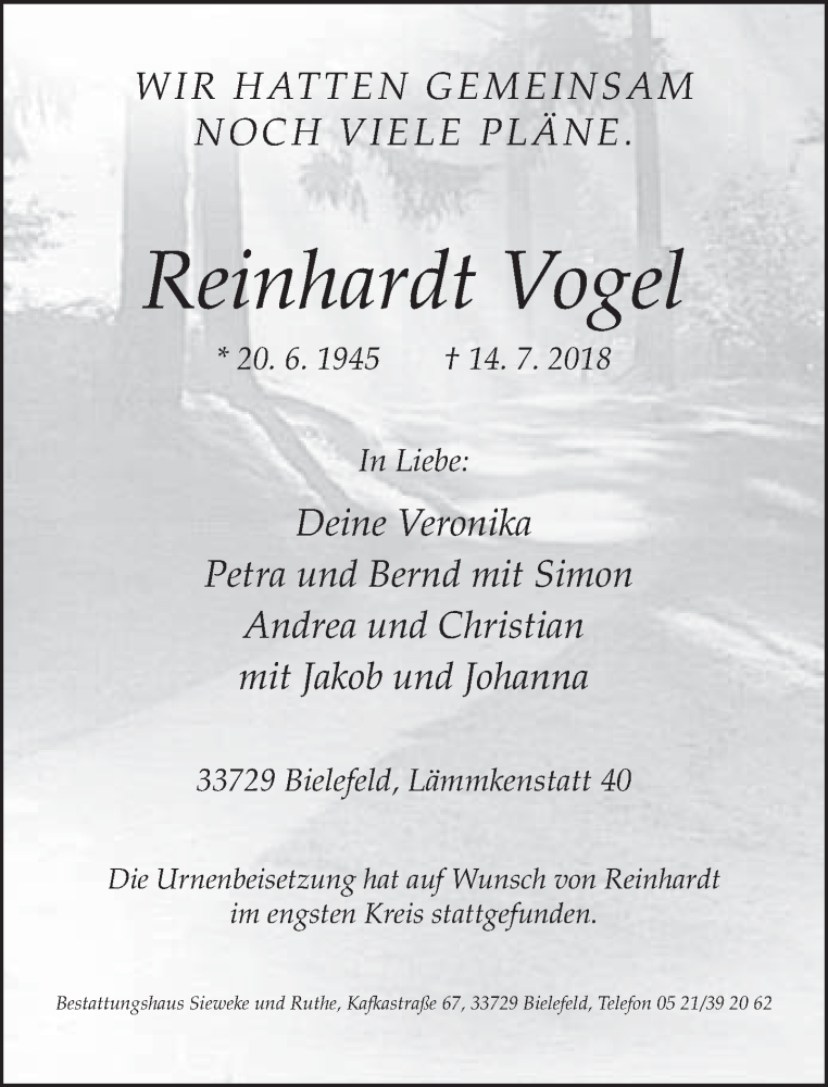  Traueranzeige für Reinhardt Vogel vom 21.07.2018 aus Neue Westfälische