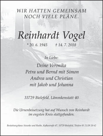 Traueranzeige von Reinhardt Vogel von Neue Westfälische