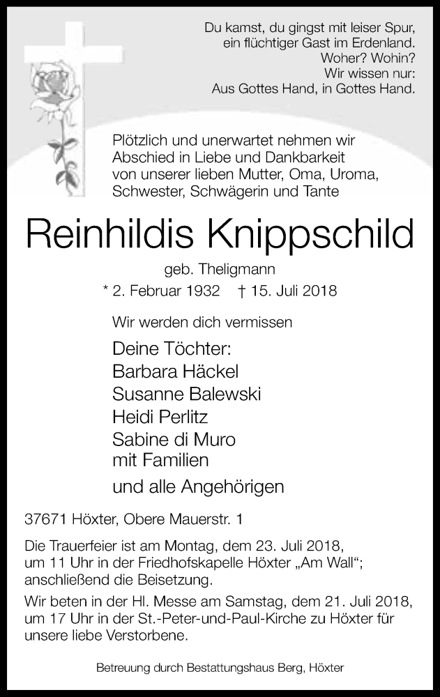  Traueranzeige für Reinhildis Knippschild vom 18.07.2018 aus Neue Westfälische