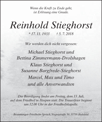 Traueranzeige von Reinhold Stieghorst von Neue Westfälische