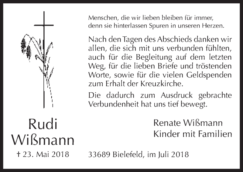  Traueranzeige für Rudi Wißmann vom 07.07.2018 aus Neue Westfälische
