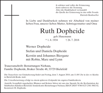 Traueranzeige von Ruth Dopheide von Neue Westfälische
