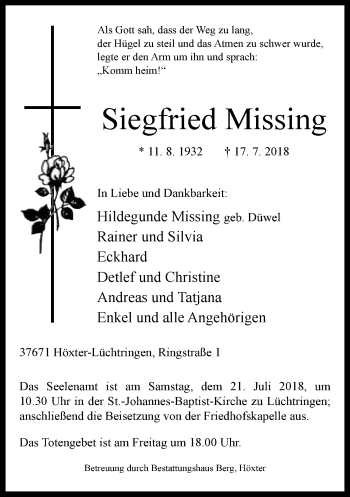 Traueranzeige von Siegfried Missing von Neue Westfälische