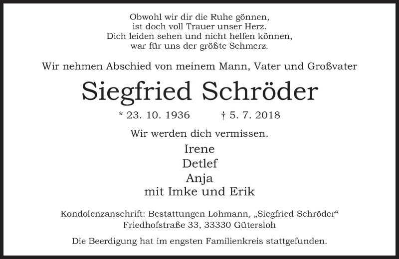  Traueranzeige für Siegfried Schröder vom 14.07.2018 aus Neue Westfälische