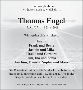 Traueranzeige von Thomas Engel von Neue Westfälische