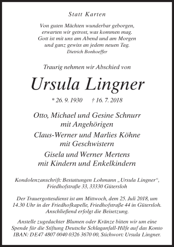 Traueranzeige von Ursula Lingner von Neue Westfälische