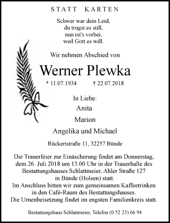 Traueranzeige von Werner Plewka von Neue Westfälische