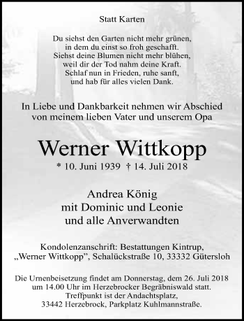 Traueranzeige von Werner Wittkopp von Neue Westfälische