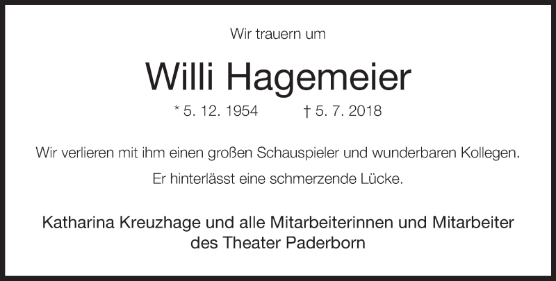  Traueranzeige für Willi Hagemeier vom 10.07.2018 aus Neue Westfälische