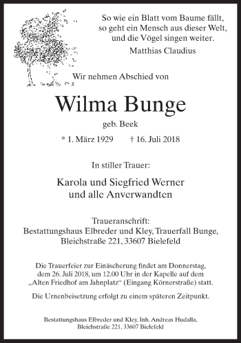 Traueranzeige von Wilma Bunge von Neue Westfälische