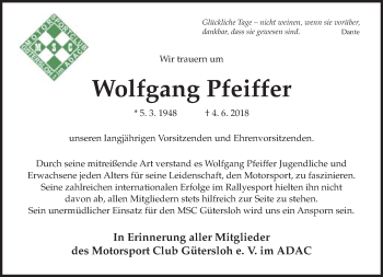 Traueranzeige von Wolfgang Pfeiffer von Neue Westfälische
