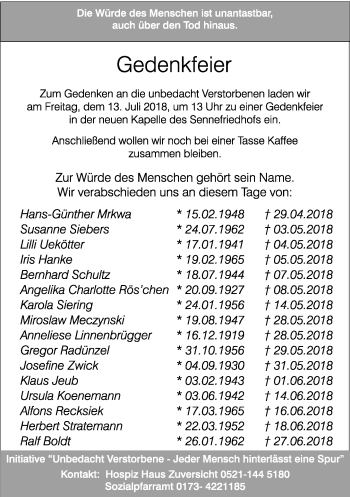 Traueranzeige von Zum Gedenken  von Neue Westfälische