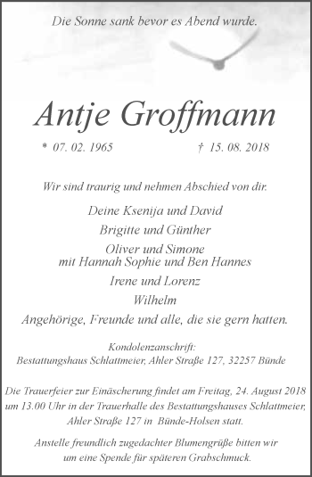 Traueranzeige von Antje Groffmann von Neue Westfälische