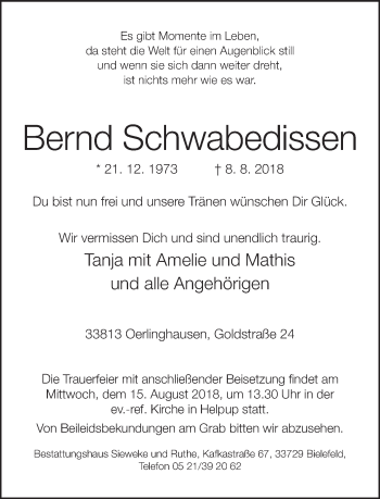 Traueranzeige von Bernd Schwabedissen von Neue Westfälische