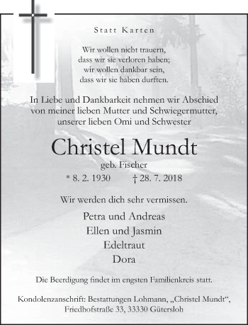Traueranzeige von Christel Mundt von Neue Westfälische