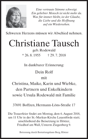 Traueranzeige von Christiane Tausch von Neue Westfälische