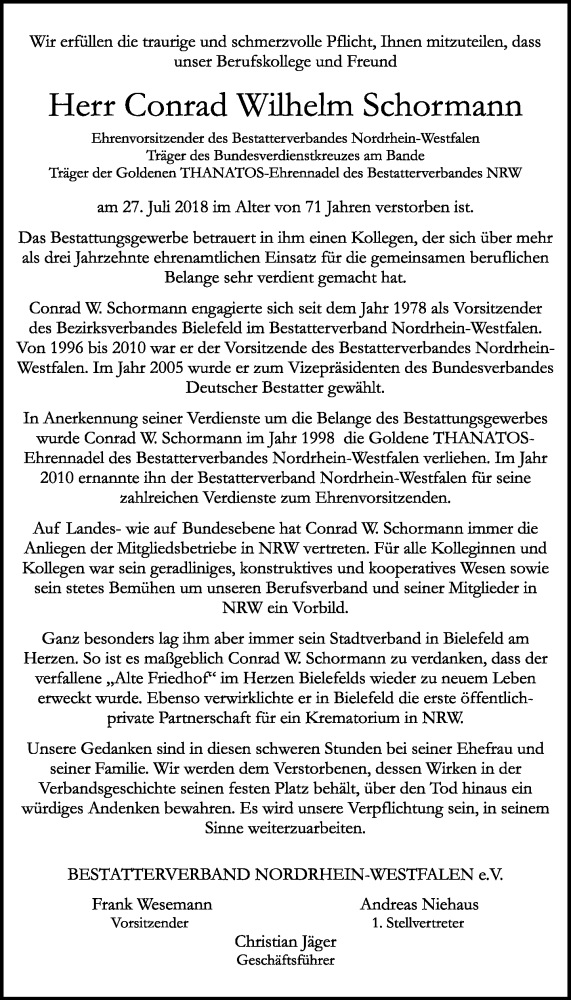  Traueranzeige für Conrad W. Schormann vom 04.08.2018 aus Neue Westfälische