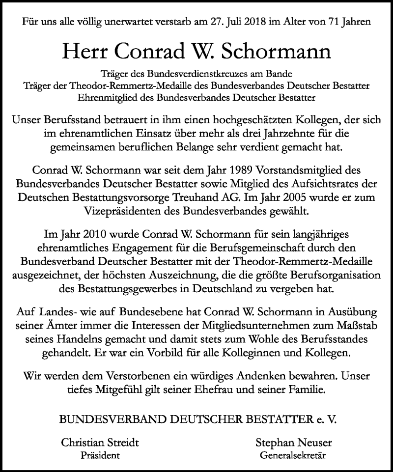  Traueranzeige für Conrad W. Schormann vom 04.08.2018 aus Neue Westfälische