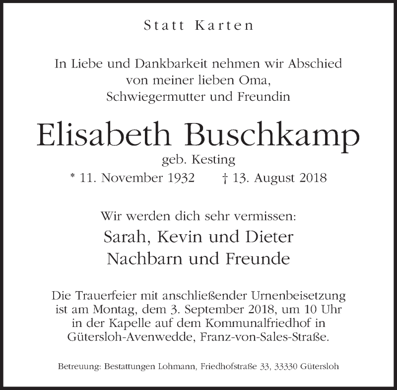  Traueranzeige für Elisabeth Buschkamp vom 31.08.2018 aus Neue Westfälische