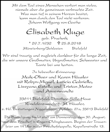 Traueranzeige von Elisabeth Kluge von Neue Westfälische