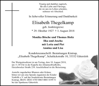 Traueranzeige von Elisabeth Thegelkamp von Neue Westfälische