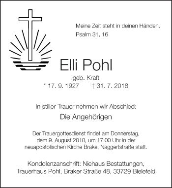 Traueranzeige von Elli Pohl von Neue Westfälische