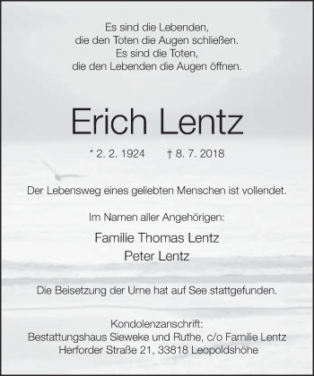 Traueranzeige von Erich Lentz von Neue Westfälische